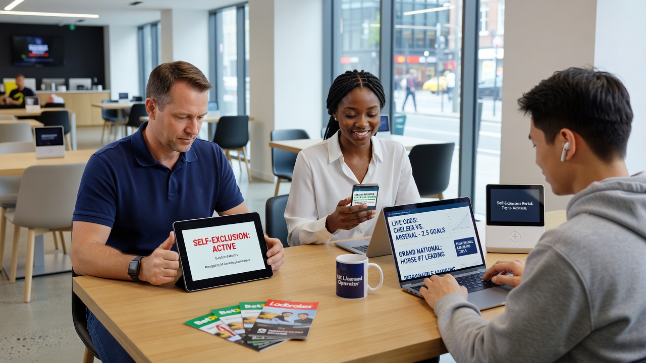 Mobile app interfaces showing reward notifications and self-exclusion settings for UK sports betting